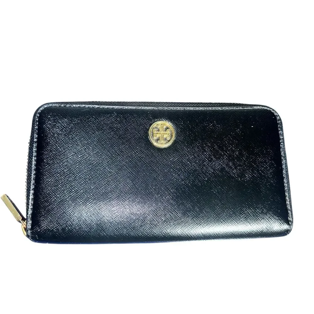Tory Burch Black Saffiano Leather Zip Around Wallet Gold Logo